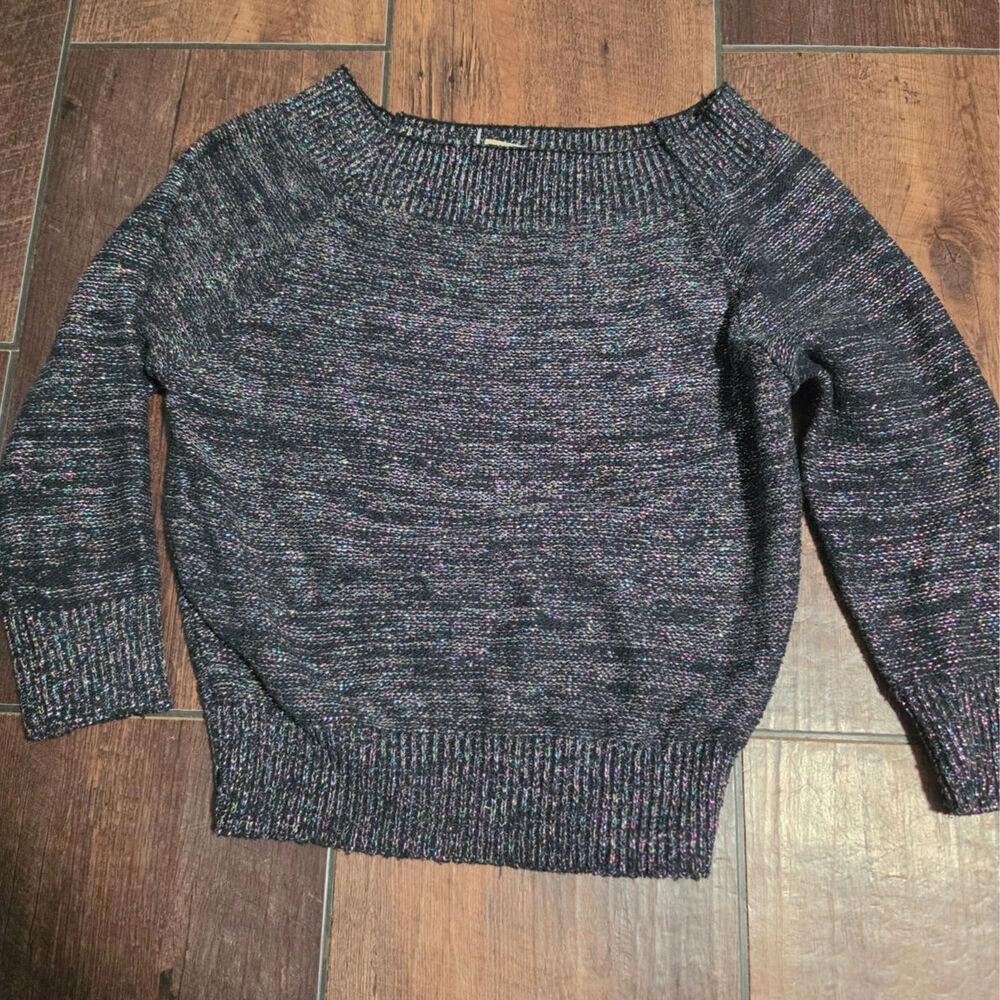 Vintage Silk Blend Knit Pullover 3/4 Sleeve Boat Neck Multicolor Metalic Thread
